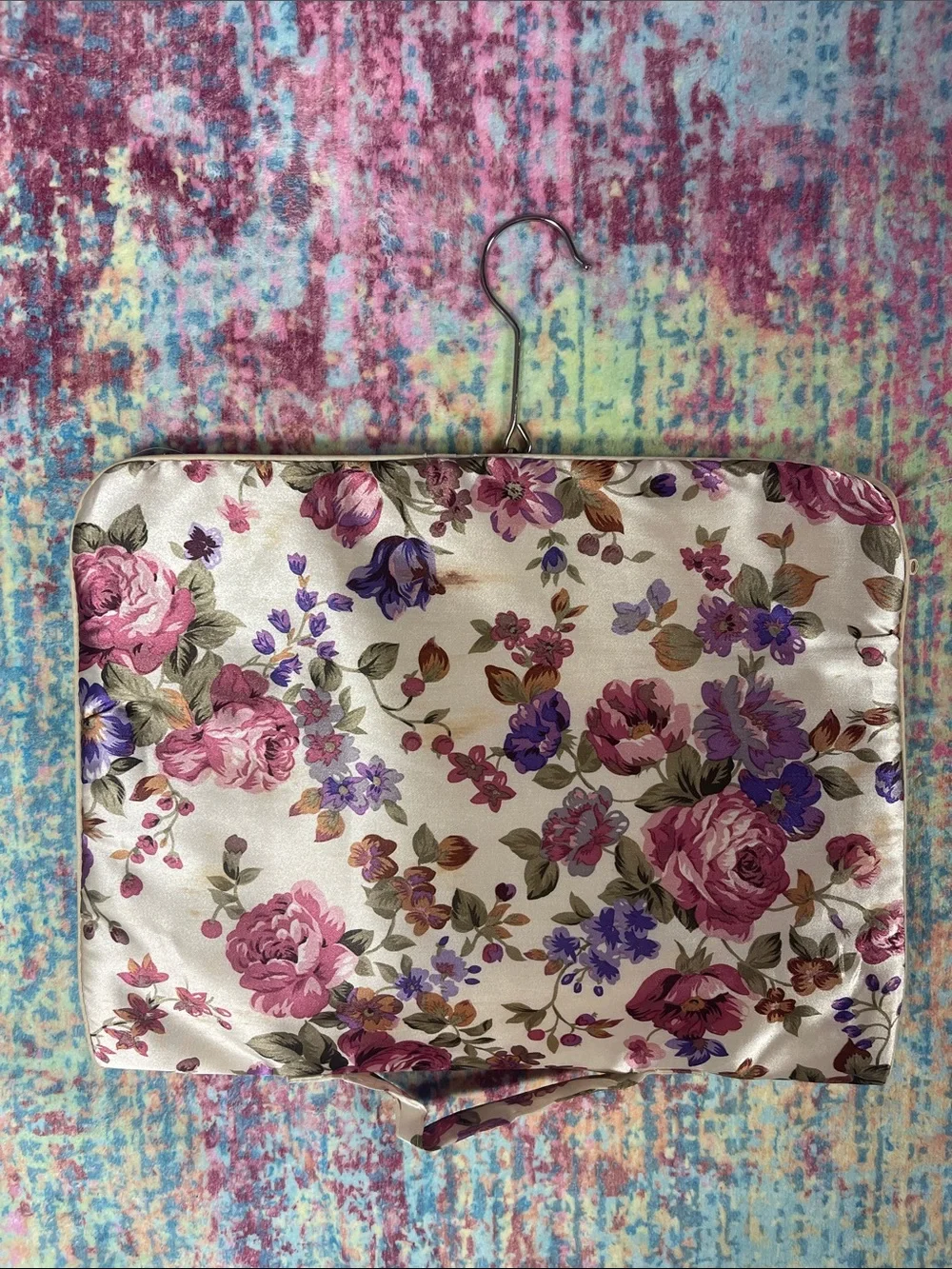 Hanging Makeup Organizer in Beige with Floral Accent